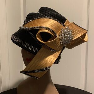 Elegant Black and Gold Hat with Rhinestone Bow